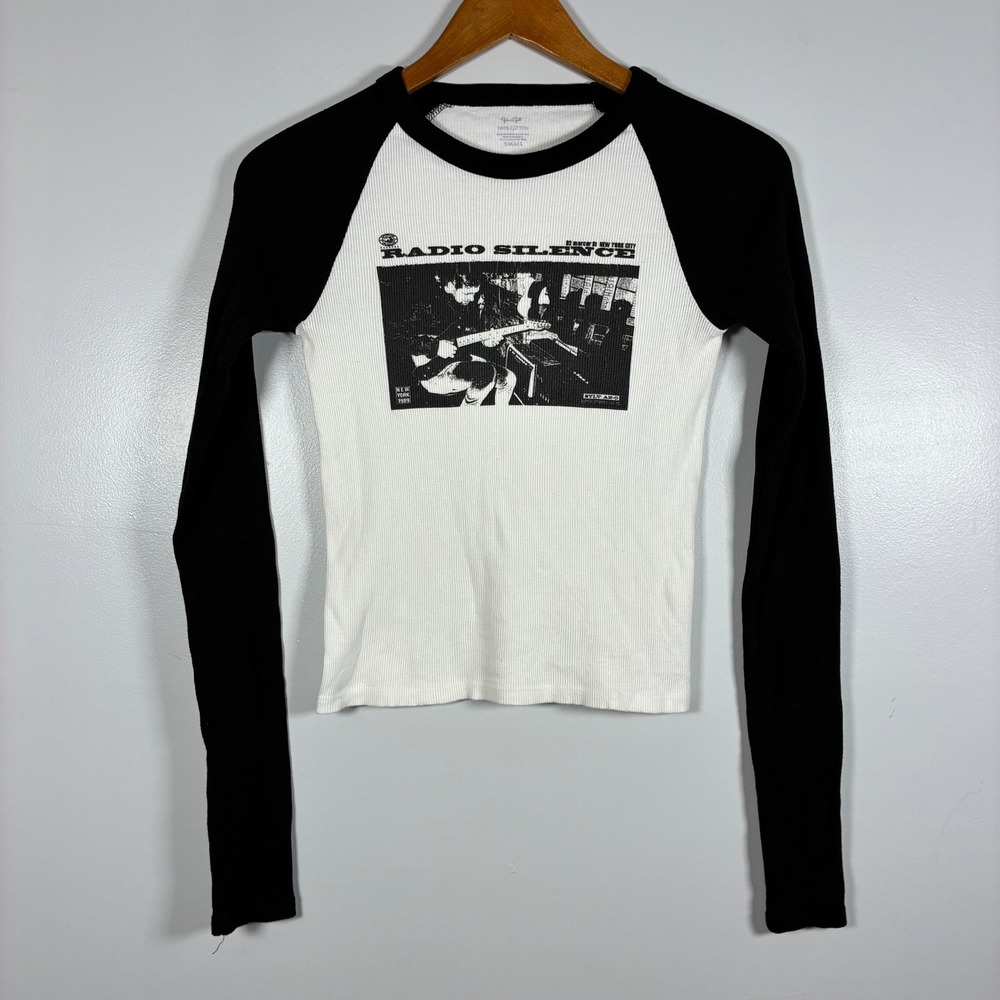 John Galt Graphic Tee S Radio Silence Ribbed Raglan Indie Grunge Rock Alt Y2K